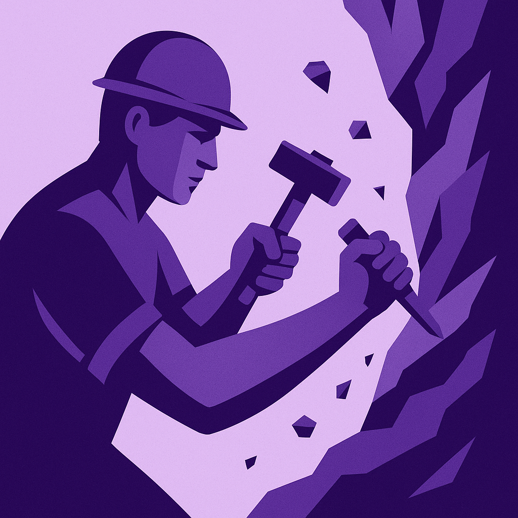 Person pickaxing a raw granite block out of the quarry